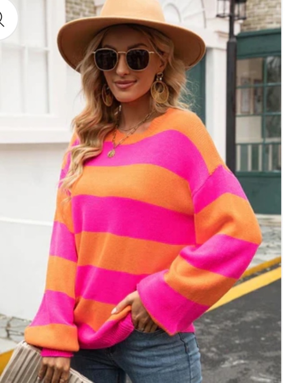 Bold Striped Crewneck Sweater in Hot Pink & Orange